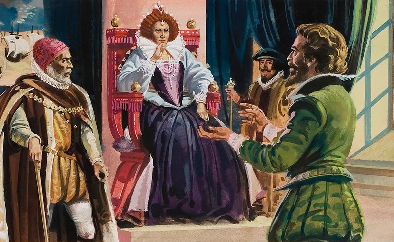 Dronning Elizabeth I (1533-1603) og Sir Francis Drake (1540-96) (gouache på papir) af English School