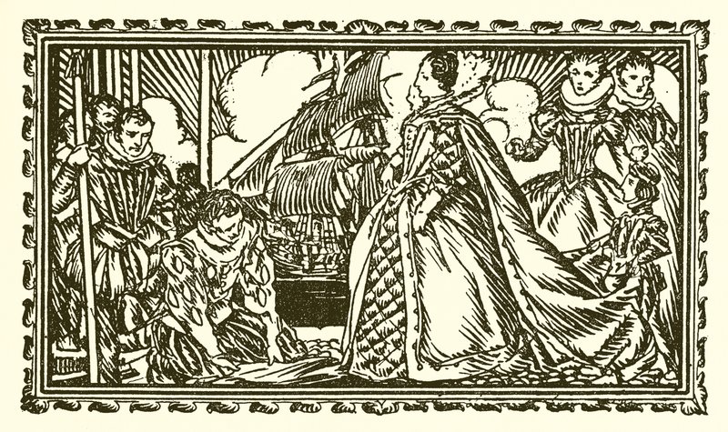 Dronning Elizabeth I og Sir Walter Raleigh af English School