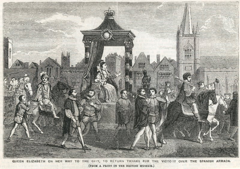 Dronning Elizabeth I på vej til byen for at vende tilbage tak for sejren over den spanske armada af English School