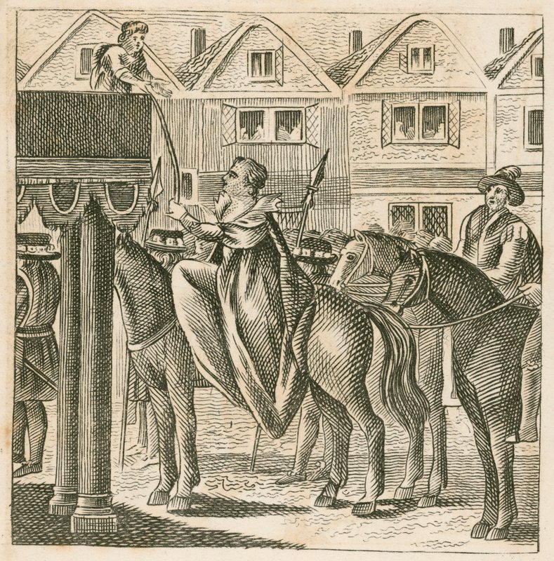 Dronning Elizabeth I modtager Bibelen fra en dreng, der personificerer Sandheden, på vej til sin kroning af English School