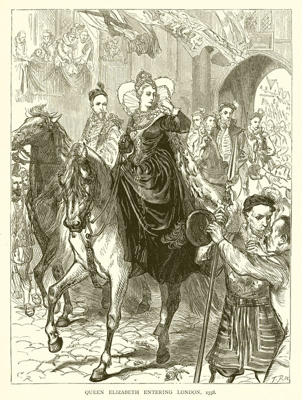 Dronning Elizabeth indtog London, 1558 af English School