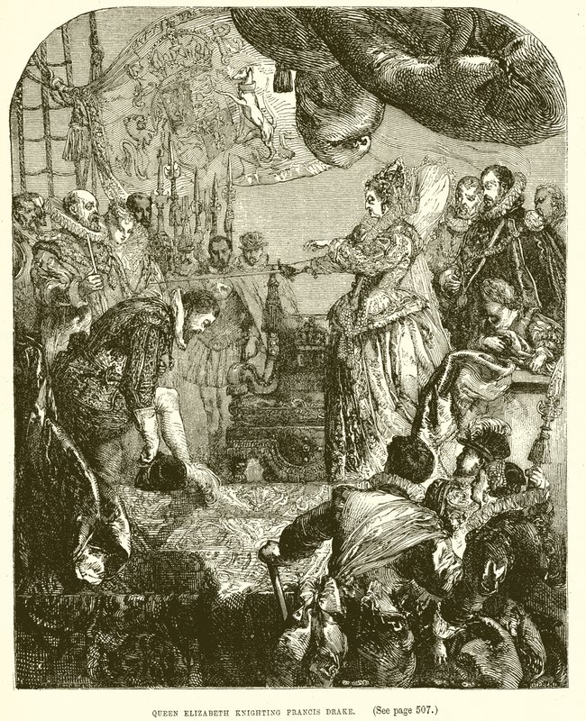 Dronning Elizabeth ridder Francis Drake af English School