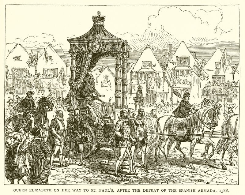 Dronning Elizabeth på vej til St. Pauls, efter den spanske armadas nederlag, 1588 af English School