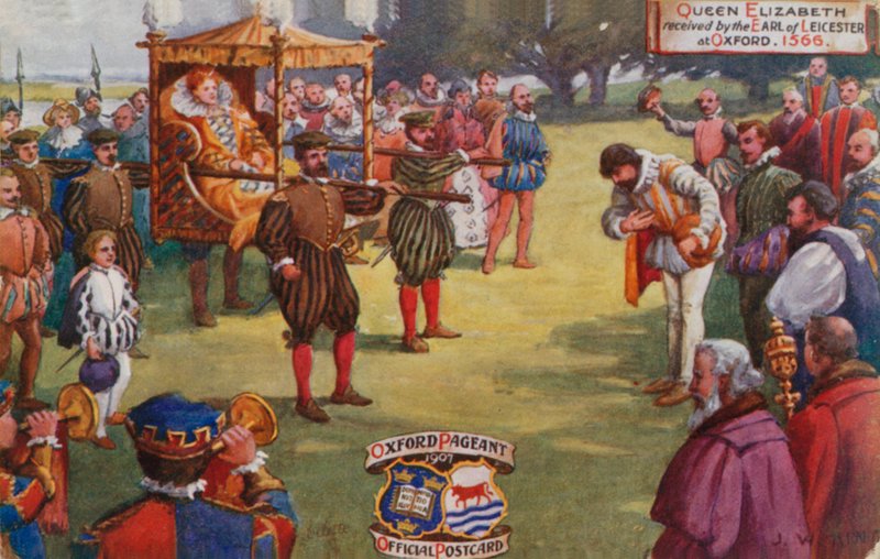 Dronning Elizabeth modtaget af jarlen af Leicester i Oxford, 1566 af English School