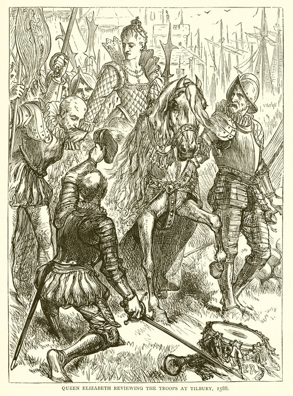 Dronning Elizabeth gennemgår tropperne i Tilbury, 1588 af English School