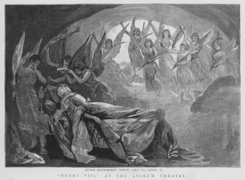 Dronning Katherines vision, scene fra en produktion af Shakespeares Henry VIII på Lyceum Theatre, London (litho) af English School