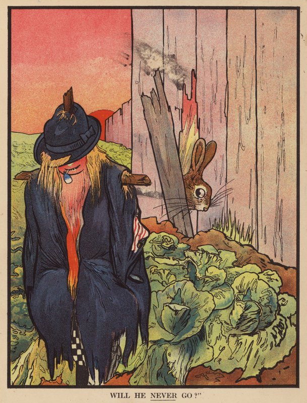 Kanin forvirret af et fugleskræmsel (farve litho) af English School