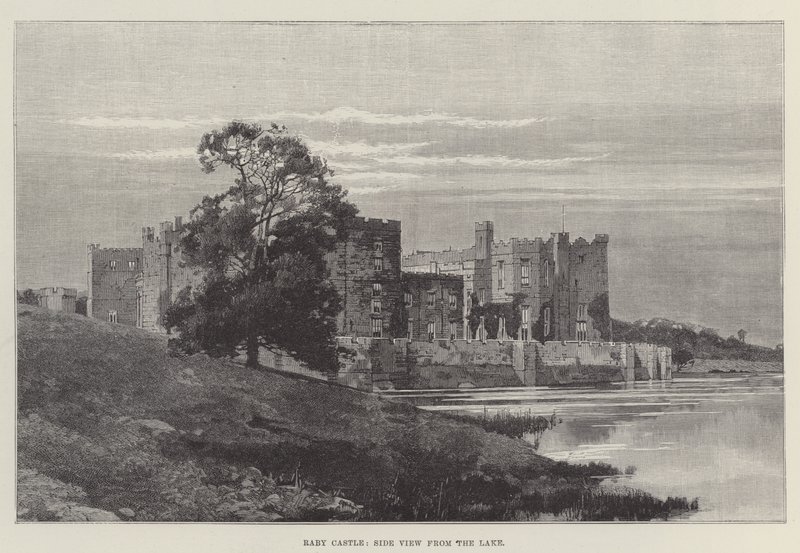 Raby Castle, sideudsigt fra søen (gravering) af English School