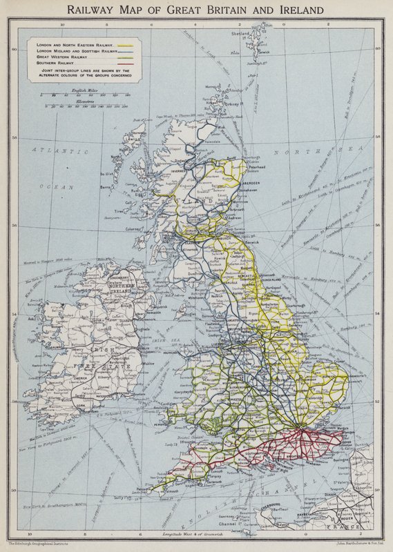 Jernbanekort over Storbritannien og Irland (farvelitografi) af English School