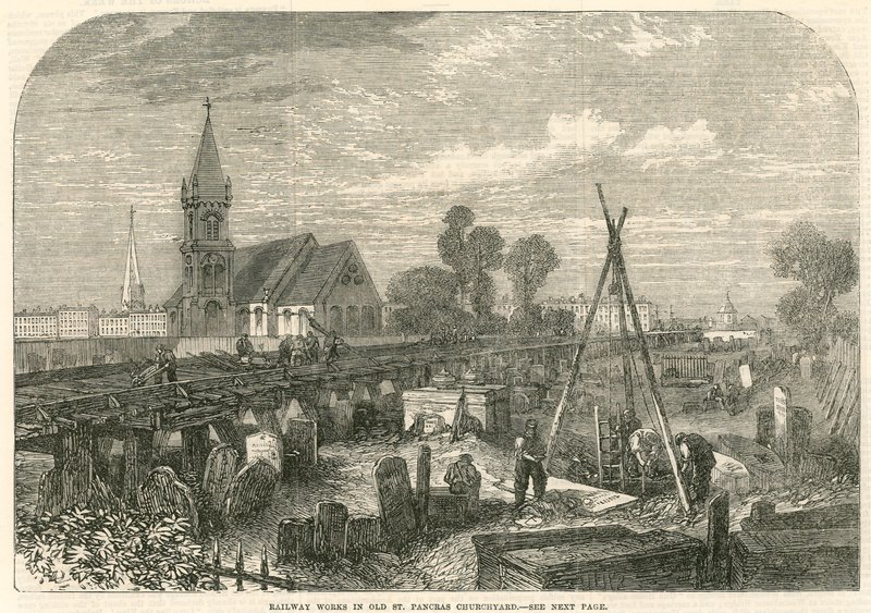 Jernbaneværker i Old St Pancras Churchyard, London af English School
