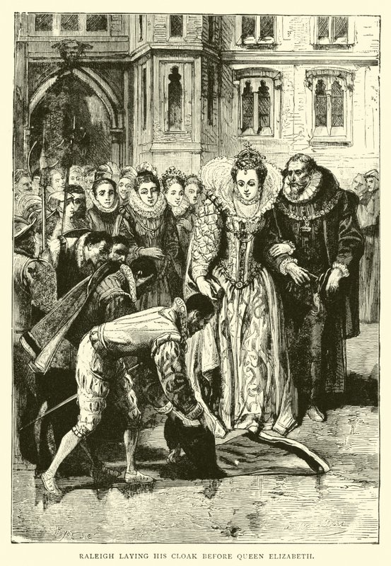 Raleigh lægger sin kappe foran dronning Elizabeth af English School