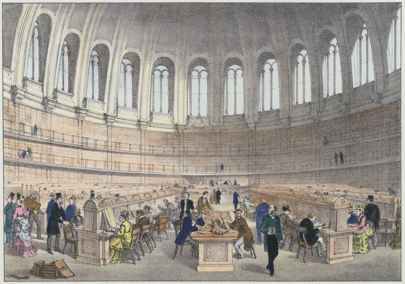 Læsesal i British Museum, London (farvet gravering) af English School