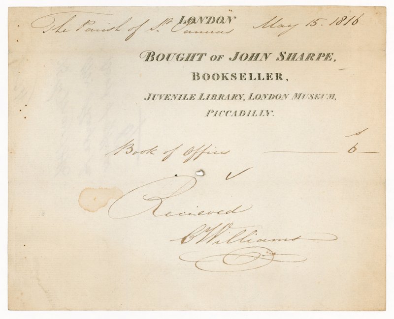 Kvittering fra John Sharpe, Boghandler, Juvenile Library, London Museum, Piccadilly, London af English School
