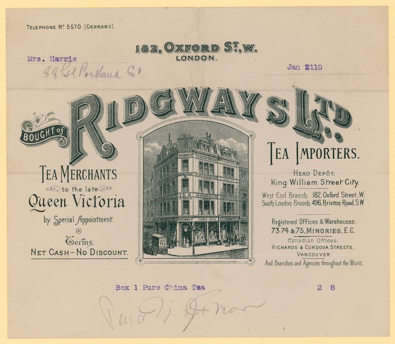 Kvittering fra Ridgways, te-importører, 182 Oxford Street, London af English School