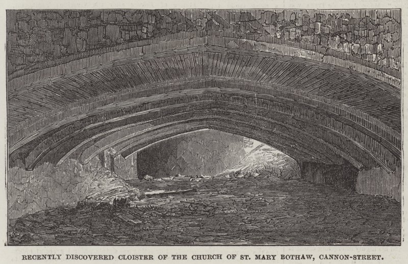 Nyligt opdagede Cloister of Church of St Mary Bothaw, Cannon-Street (gravering) af English School