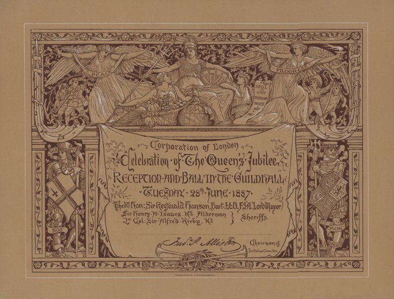 Reception og bal i anledning af dronning Victorias guldjubilæum i Guildhall, City of London, 28. juni 1887 (litho) af English School