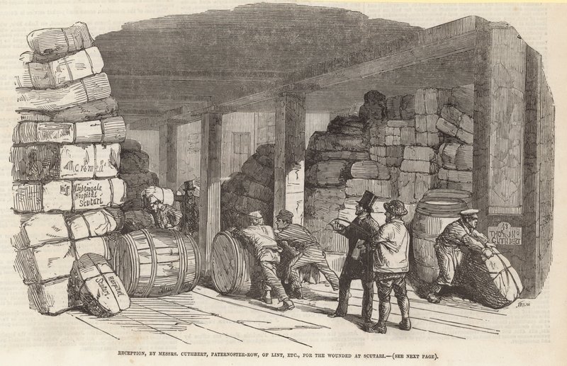 Modtagelse af herrer Cuthbert, Paternoster Row, af fnug osv. for de sårede i Scutari af English School