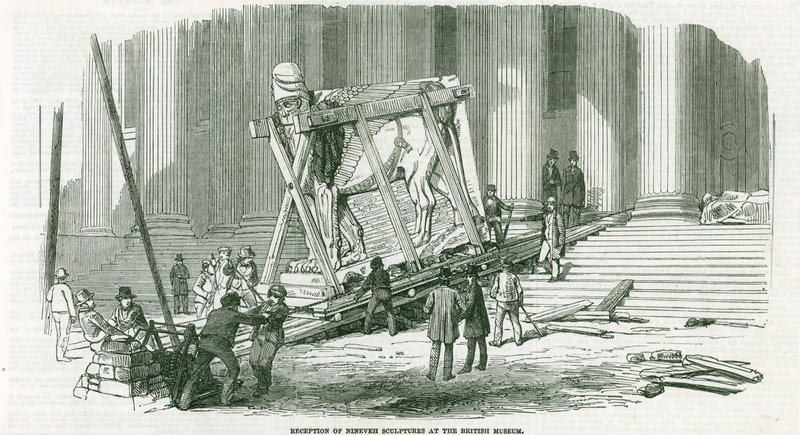 Modtagelse af Nineveh-skulpturer på British Museum (stik) af English School