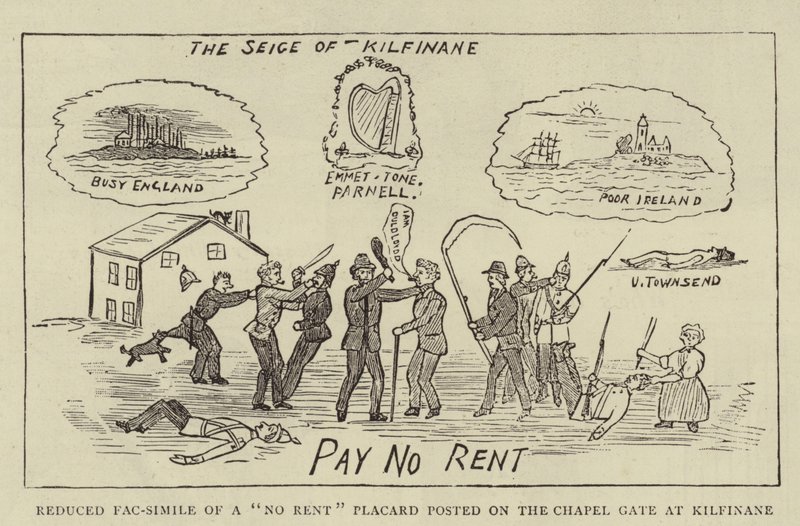 Reduceret faksimile af et "No Rent" plakat opsat på Kapelporten ved Kilfinane (gravering) af English School