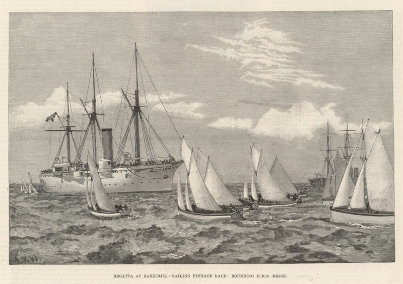 Regatta på Zanzibar, Sailing Pinnace Race, runde HMS Brisk (gravering) af English School