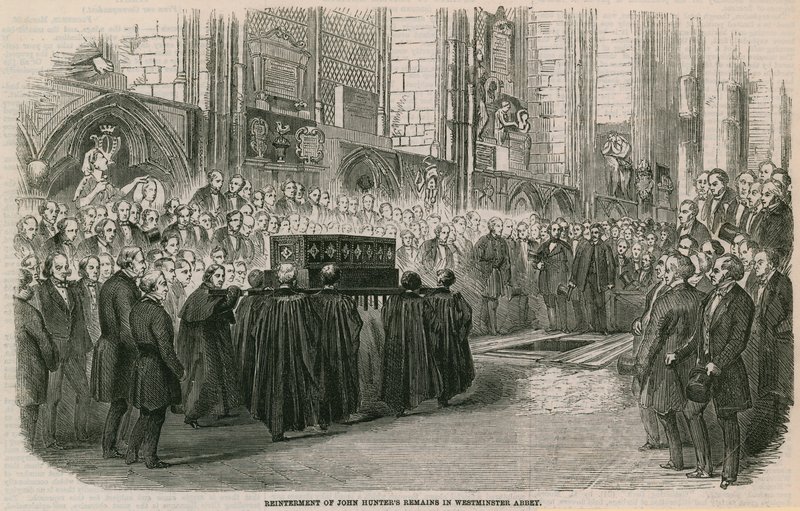 Genbegravelse af John Hunters forbliver i Westminster Abbey, London af English School