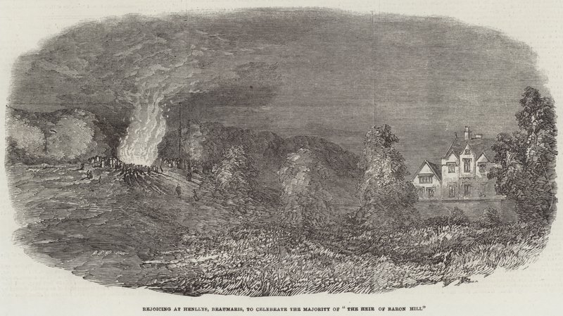 Glæder sig i Henllys, Beaumaris, for at fejre flertallet af "The Heir of Baron Hill" (gravering) af English School