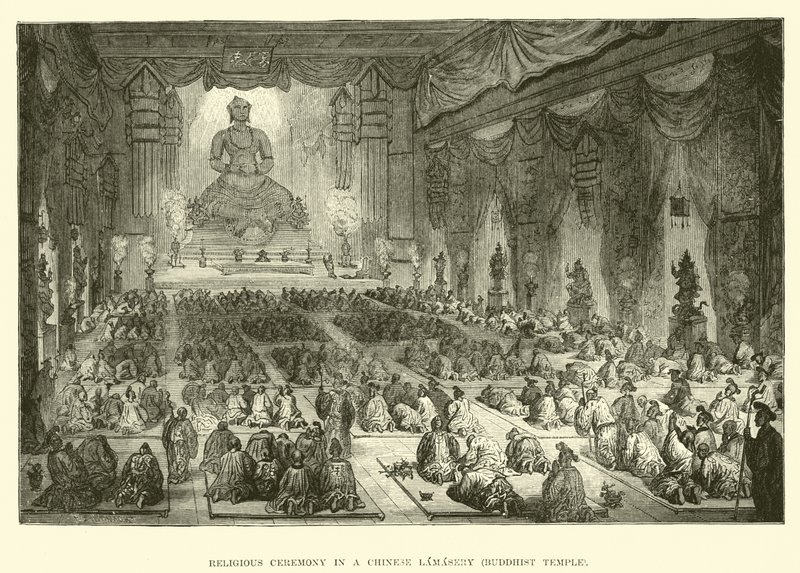 Religious Ceremony in a Chinese Lamasery, Buddhist Temple  af English School