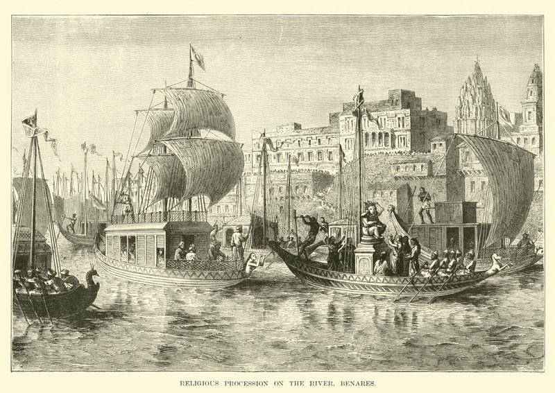 Religiøs procession på floden, Benares af English School