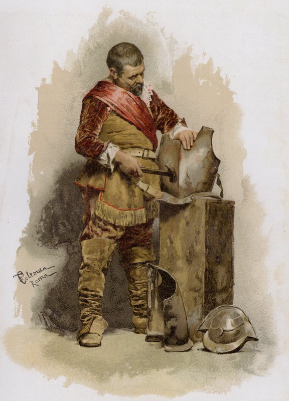 Reparation af rustning (chromolitho) af English School