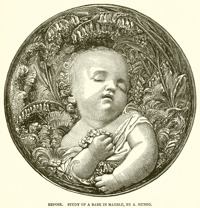 Repose. Studie af en baby i marmor, af A. Munro (kobberstik) af English School
