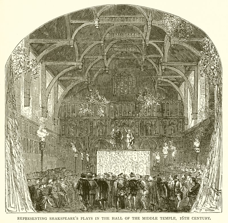 Repræsenterer Shakespeares skuespil i Hall of the Middle Temple, 16th Century af English School