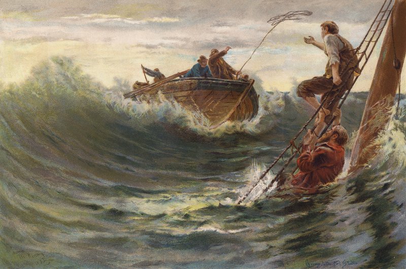 Redning af mænd, der har overlevet et skibsforlis (chromolitho) af English School