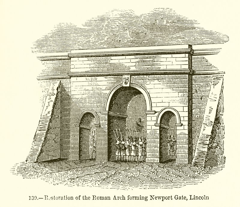 Restaurering af den romerske bue, der danner Newport Gate, Lincoln af English School