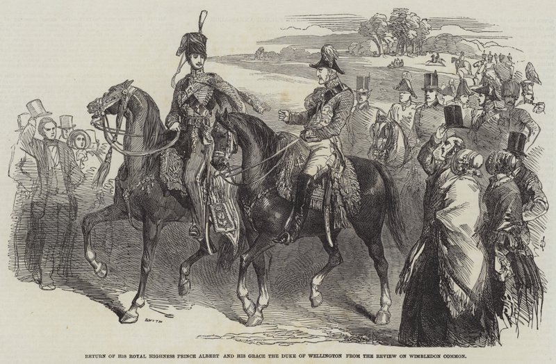 Hans Kongelige Højhed Prins Albert og Hans Nåde Hertugen af Wellingtons tilbagevenden fra anmeldelse på Wimbledon Common (gravering) af English School