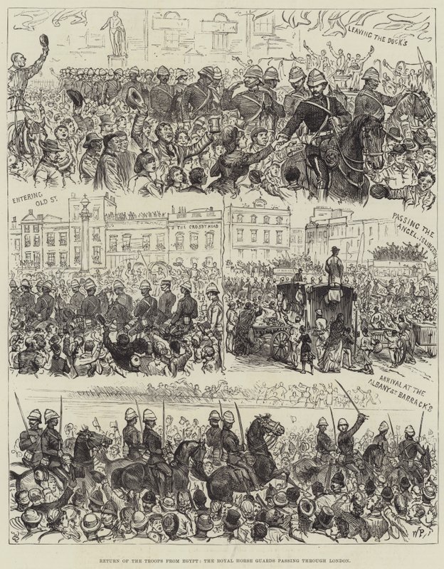Troppernes tilbagevenden fra Egypten, Royal Horse Guards passerer gennem London (gravering) af English School