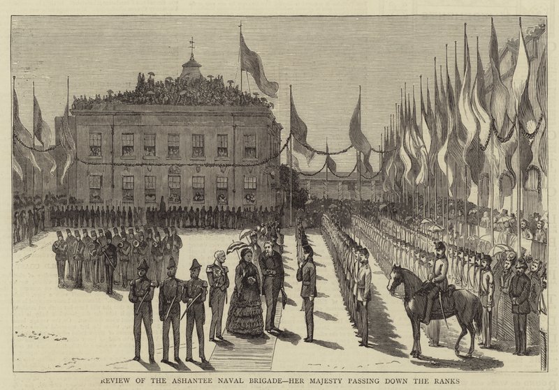 Gennemgang af Ashantee Naval Brigade, Hendes Majestæt, der passerer ned i rækkerne (gravering) af English School
