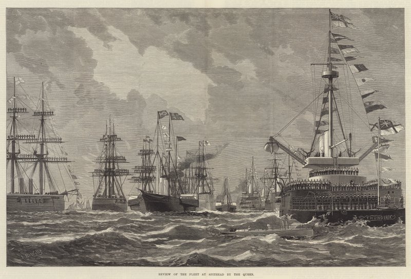 Gennemgang af flåden ved Spithead af dronningen (gravering) af English School
