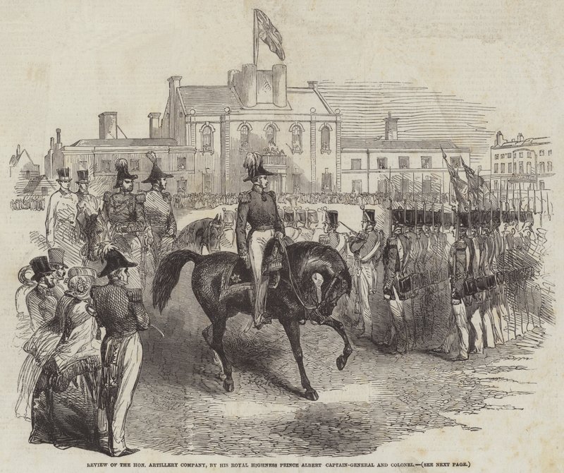 Anmeldelse af det ærede artillerikompagni af Hans Kongelige Højhed Prins Albert, generalkaptajn og oberst (stik) af English School