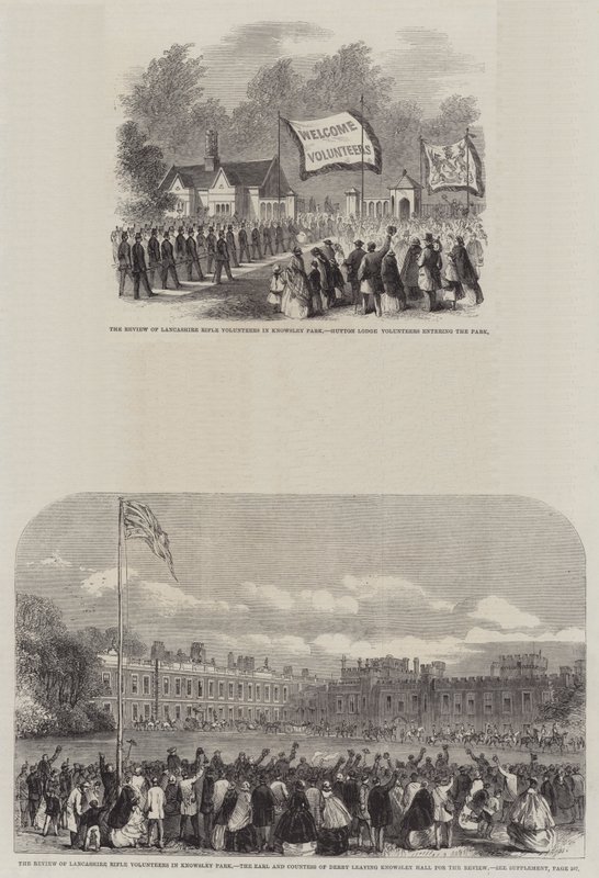 Anmeldelse af Lancashire Rifle Volunteers i Knowsley Park (gravering) af English School