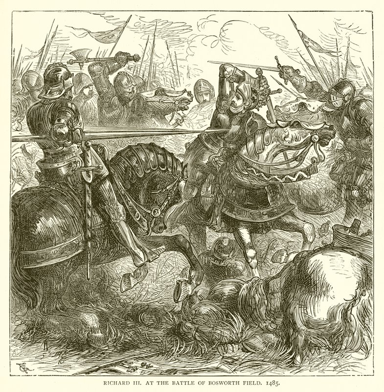 Richard III i slaget ved Bosworth Field, 1485 af English School
