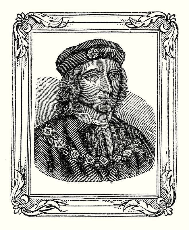 Richard III blev født i 1450, kronet i 1483, dræbt i 1485 (gravering) af English School