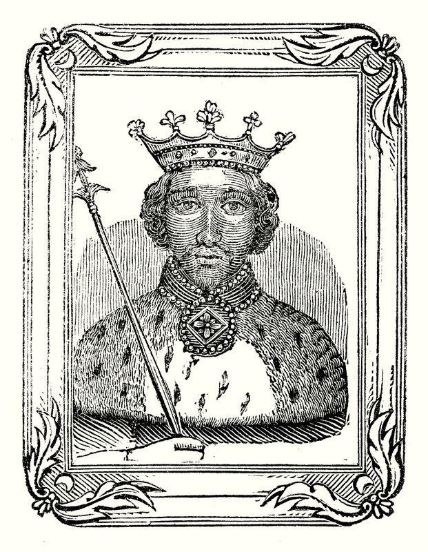 Richard II blev født i 1366, kronet i 1377 og myrdet i 1399 (kobberstik) af English School