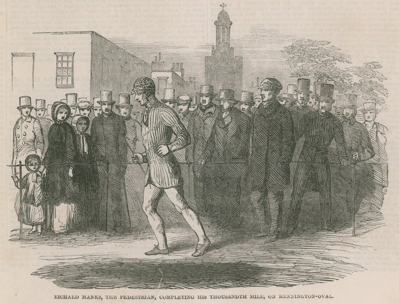 Richard Manks, fodgængeren, fuldfører sin tusinde mil på Kennington Oval af English School