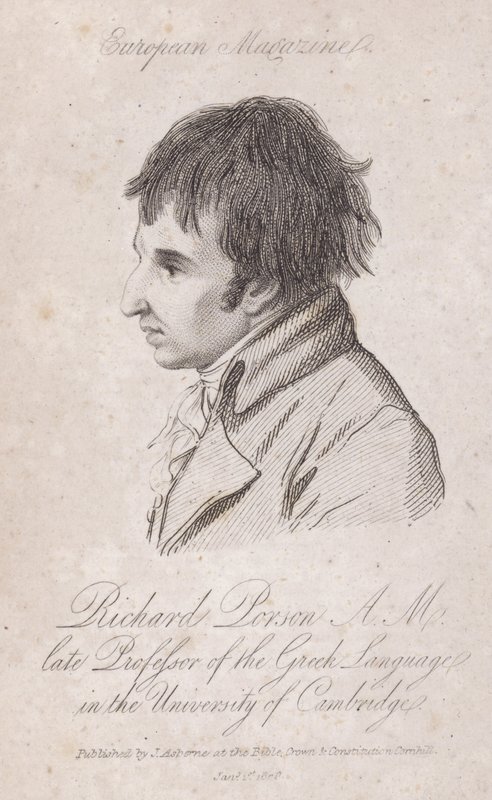 Richard Porson, engelsk lærd, professor i græsk ved Trinity College, Cambridge (gravering) af English School