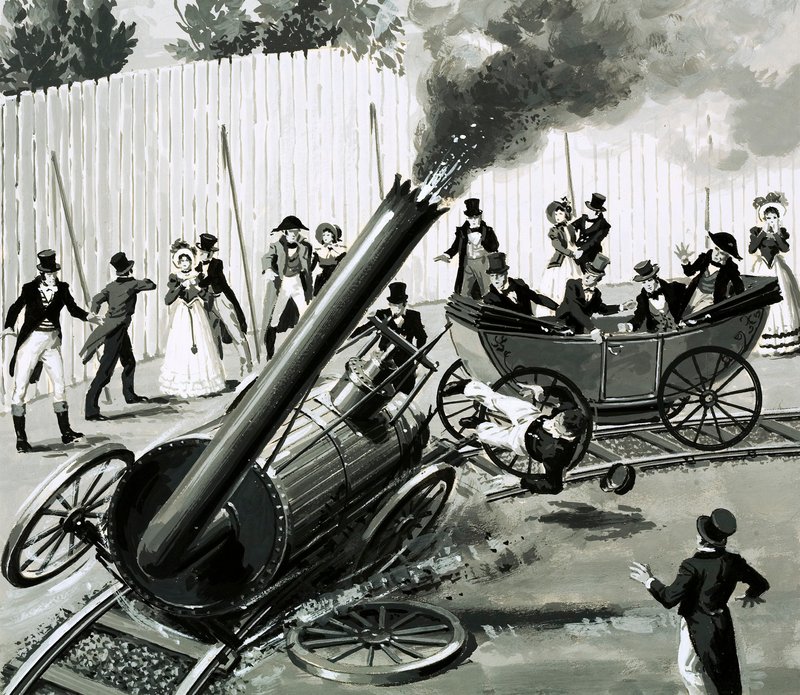 Richard Trevithick byggede en lille cirkulær jernbane i London for at introducere folk til togrejser (gouache på papir) af English School