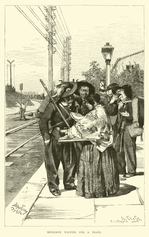 Riflemen waiting for a train  af English School