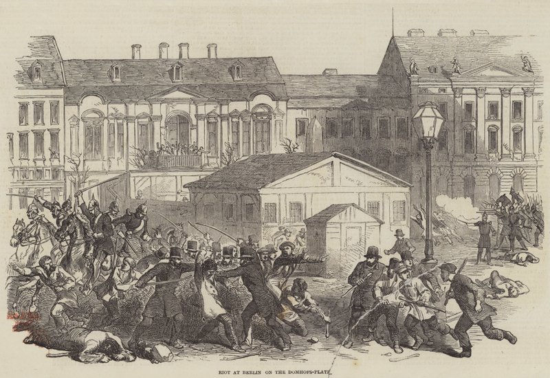 Optøjer ved Berlin på Domhofs-Platz (gravering) af English School