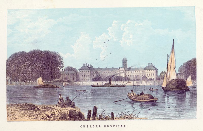 Themsen: Chelsea Hospital (farvet indgravering) af English School