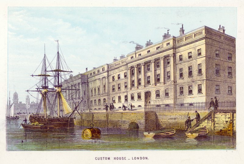 Themsen: Custom House, London (farvet gravering) af English School