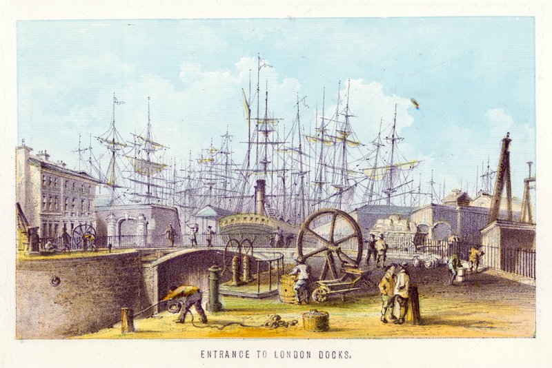 Themsen: Indgang til London Docks (farvet indgravering) af English School